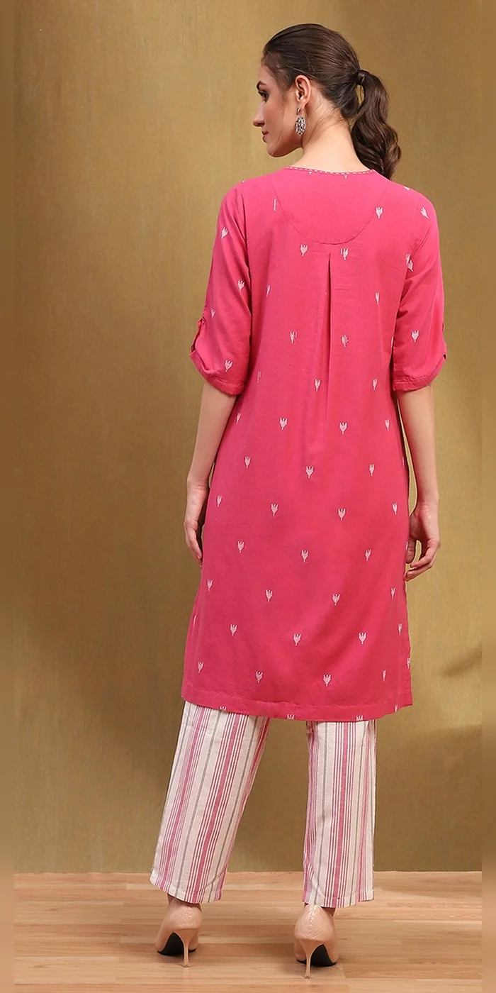 Biba  Women Pink Cotton Yard Dyed Straight Suit Set  | Best Price UAE