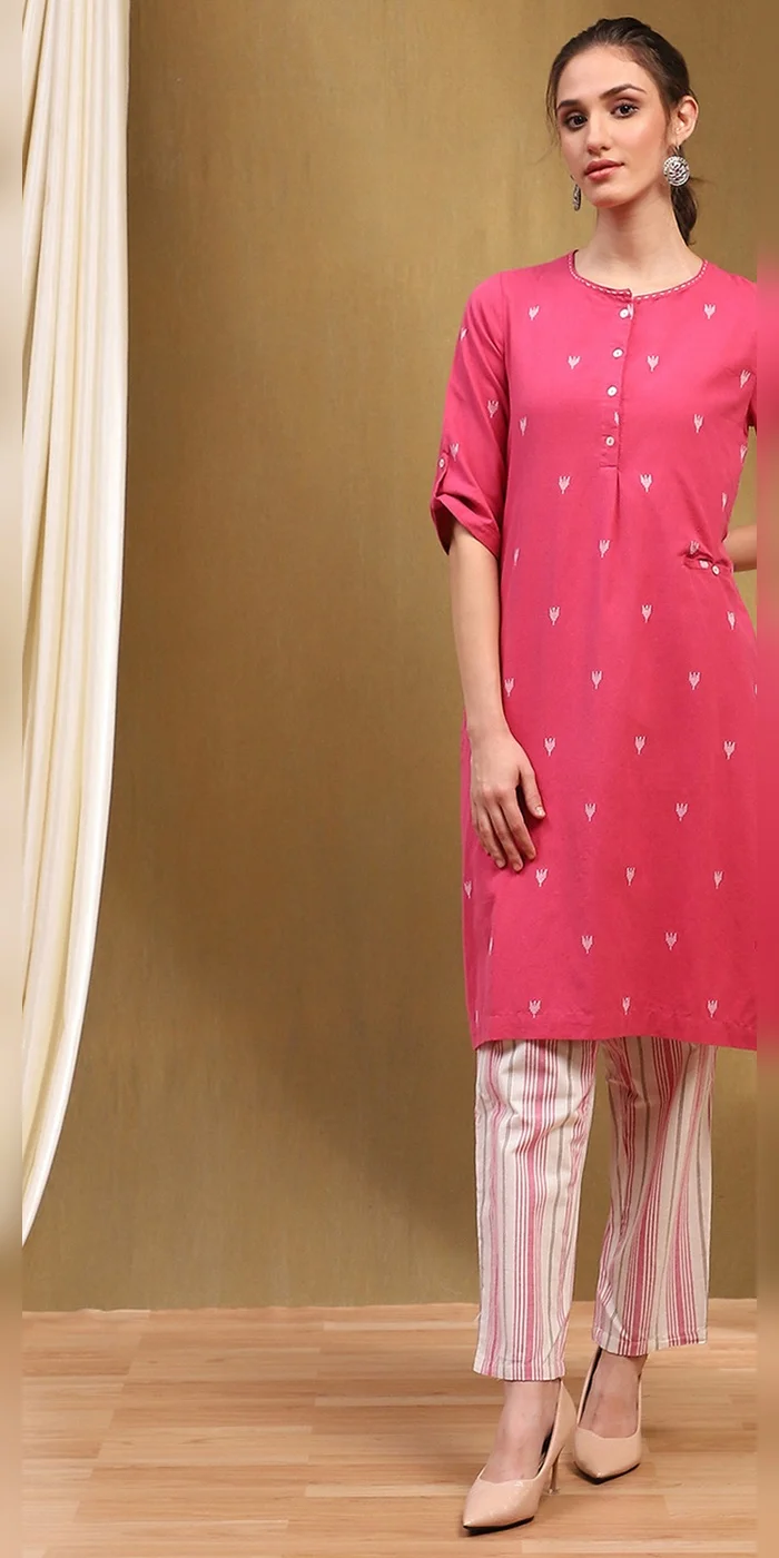 Biba  Women Pink Cotton Yard Dyed Straight Suit Set  | Best Price UAE