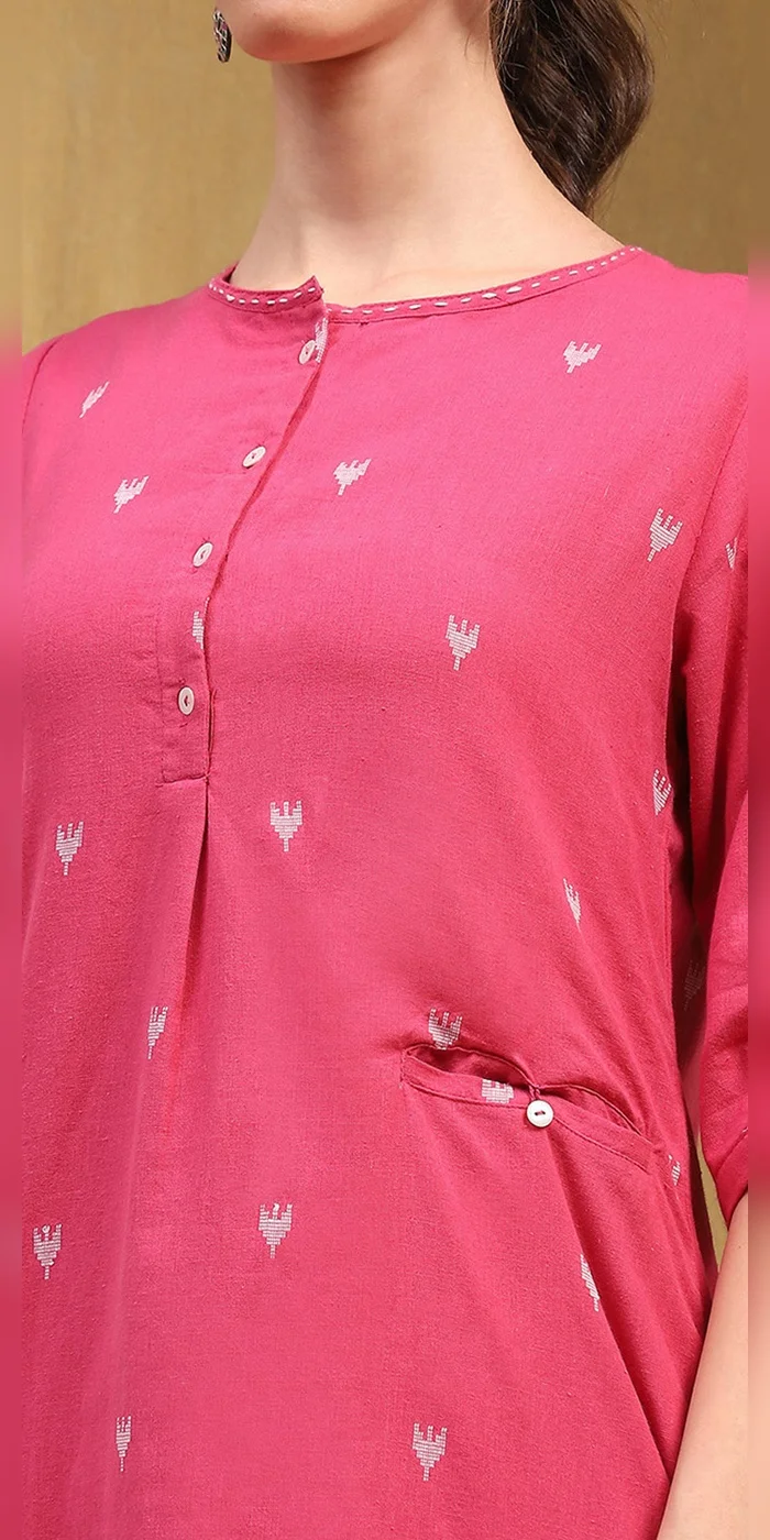 Biba  Women Pink Cotton Yard Dyed Straight Suit Set  | Best Price UAE