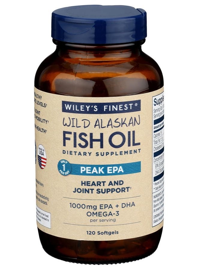Wiley's Finest Wild Alaskan Fish Oil Peak EPA - Triple Strength Peak EPA and DHA - 1000mg Omega-3s, SQF-Certified - 120 Softgels (120 Servings) - Image 1