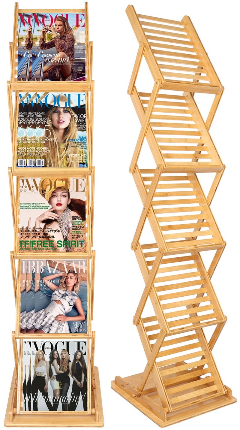 DuvinDD Foldable Bamboo Magazine Rack Floor Portable Popup Display Stand Magazine Rack 5 Pockets A4 Size for Trade Shows Office Retail Store Craft Shows 57 inch Tall