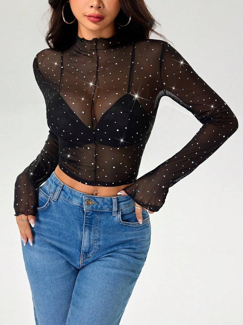 Women's Long Sleeve Mesh See-Through Sequin Embellished T-Shirt Top with Stand Collar - Image 5