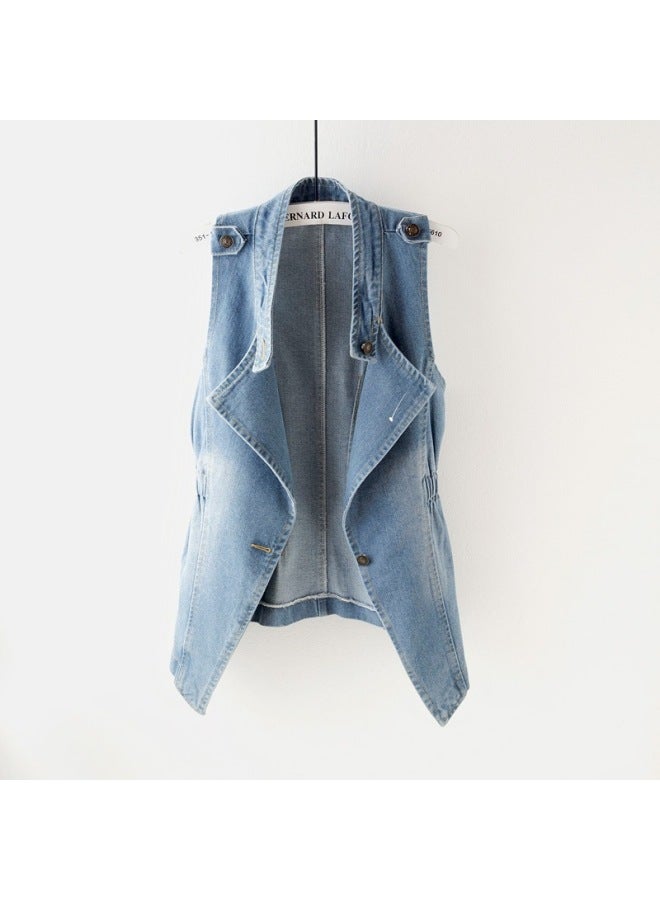 Women's Denim Vest Spring Summer Slim Fit Solid Color Back Waist Button Sleeveless Top Trendy Vest 