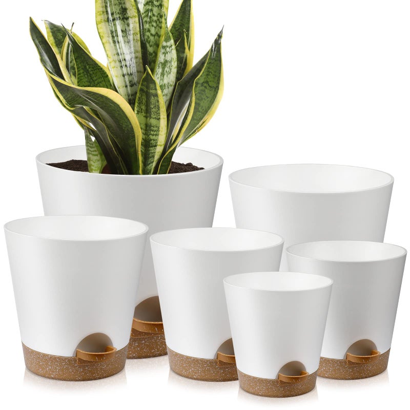 YNNICO Indoor Self Watering Planters with Drainage Holes and Saucers 8 7 65 6 55 5 Inches White 6 Pots