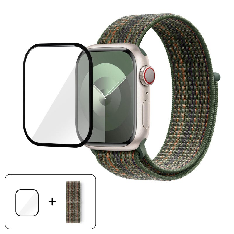For Apple Watch Series 10 46mm Basic Nylon Loop Watch Band with 3D Curved Film(Dark Green Orange)