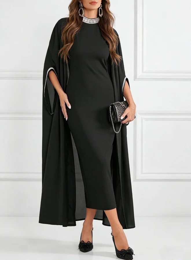 Take Two Black Embellished Trim Abaya with Inner Dress Set