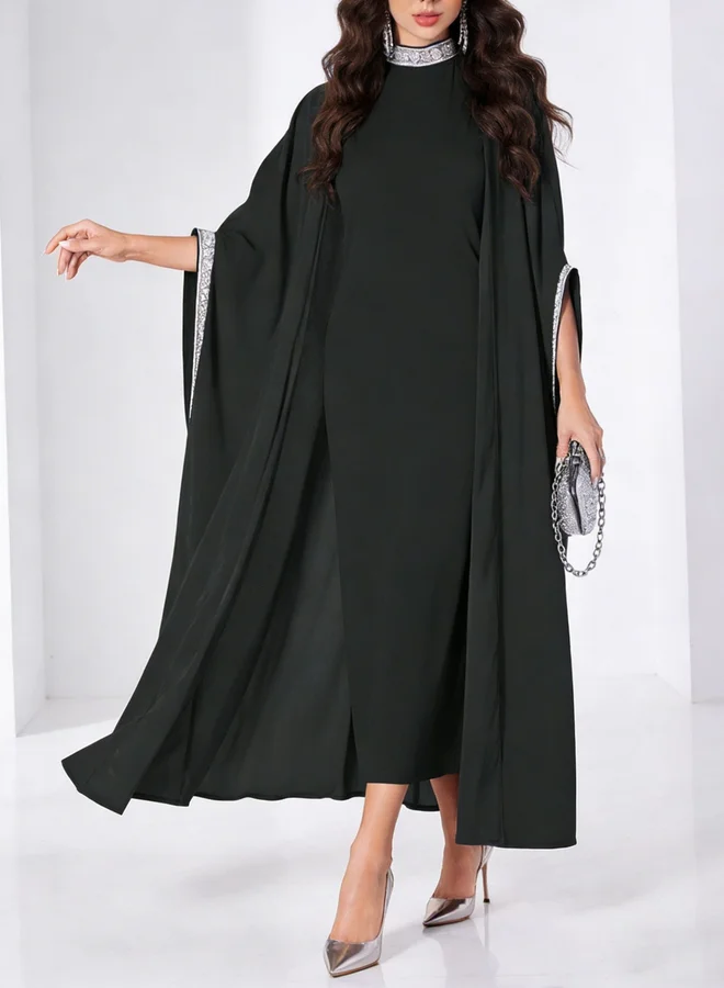 Take Two Black Embellished Trim Abaya with Inner Dress Set