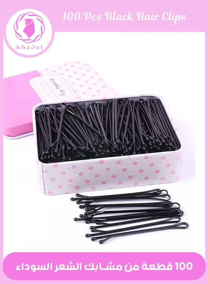 خاجول مجموعة من 100 دبوس شعر طويل مع علبة، دبابيس شعر سوداء كبيرة الحجم للكعكات، مشبك شعر فاخر بطول 5.5 سم للفتيات والنساء وحفلات الزفاف، رائع لجميع أنواع الشعر - Image 1