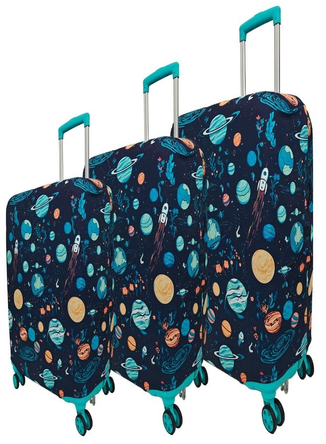NT CREATION Printed Travel Luggage Cover for Suitcase - Stretchable & Scratchproof Trolley Bag Protector (3, Space Rocket, 3 Size Combo) - Image 1