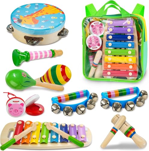 Just Wood Kids Musical Instruments 12pcs Wooden Musical Toys for Toddlers 24 with Xylophone Maracas Tambourine Educational Baby Musical Toys Birthday Gift for 2 3 4 5 Years Old Girls Boys - Image 1