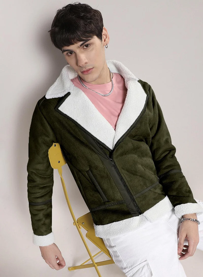 Campus Sutra Men's Icy Blue & Chalk White Fleece Lined Biker Jacket