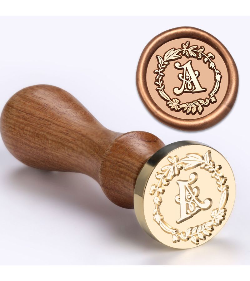 1 Set Wax Seal Stamp Wreath Letter C Pomelo Wood Handle Clasp 26 English Letter Fire Paint Seal For Wedding Invitations Envelope Cards Gift Packaging Scrapbooks - Image 1