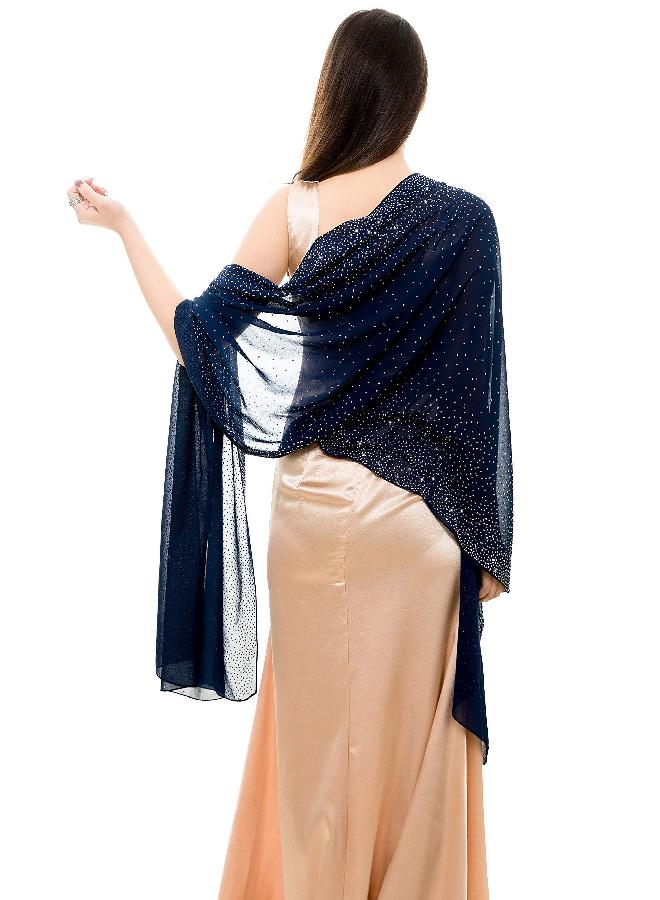 REEMONDE Womens Pashmina Shawls and Wraps for Evening Dresses Chiffon Bridal Shawl for Wedding Dressy Rhinestones Sparkly Scarf (Dark Blue) - Image 4