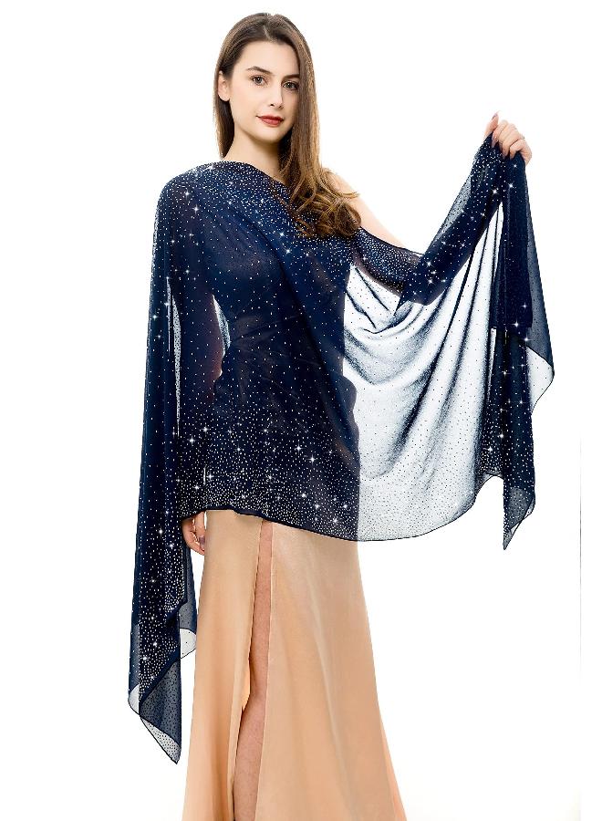 REEMONDE Womens Pashmina Shawls and Wraps for Evening Dresses Chiffon Bridal Shawl for Wedding Dressy Rhinestones Sparkly Scarf (Dark Blue) - Image 1