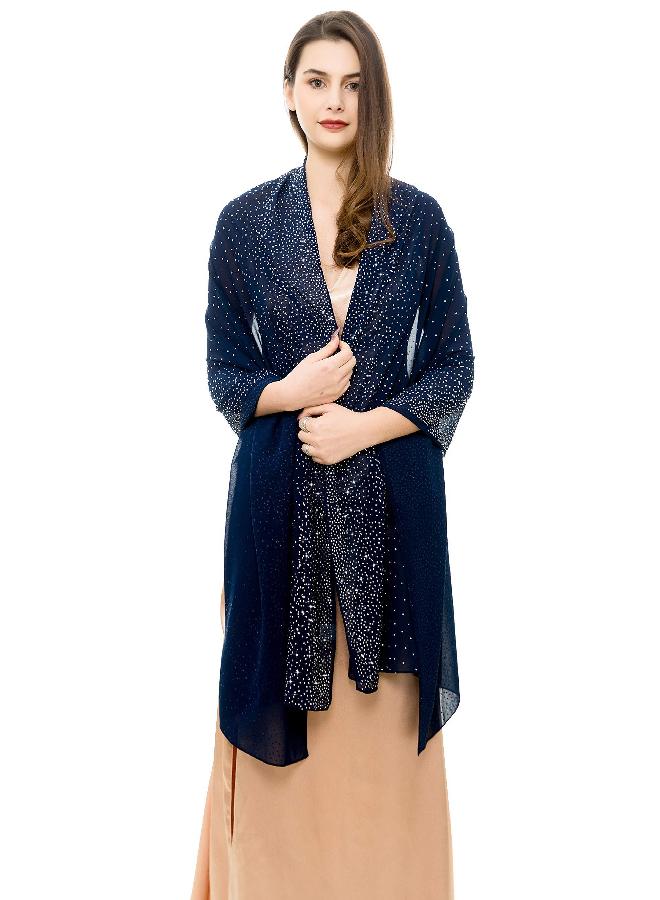 REEMONDE Womens Pashmina Shawls and Wraps for Evening Dresses Chiffon Bridal Shawl for Wedding Dressy Rhinestones Sparkly Scarf (Dark Blue) - Image 2