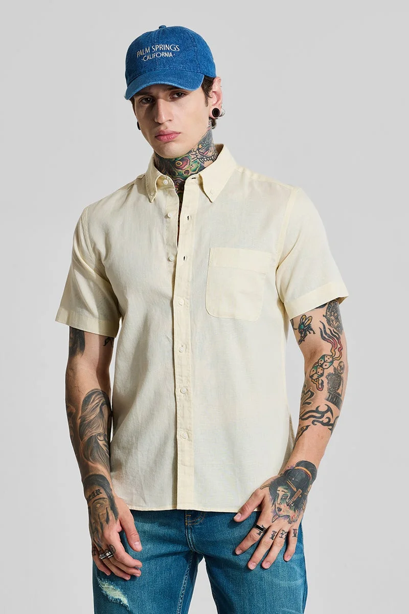 SNITCH Light Yellow Linen Blend Slim Fit Shirt