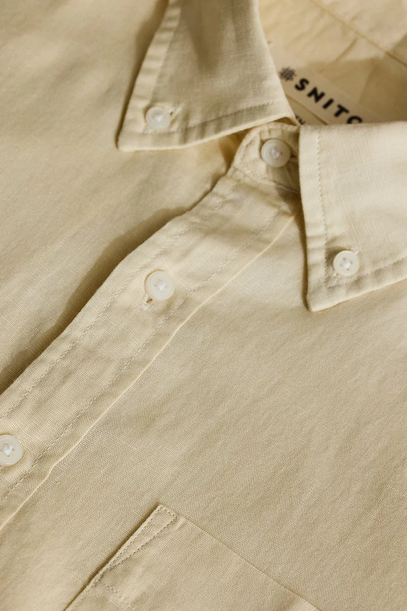 SNITCH Light Yellow Linen Blend Slim Fit Shirt