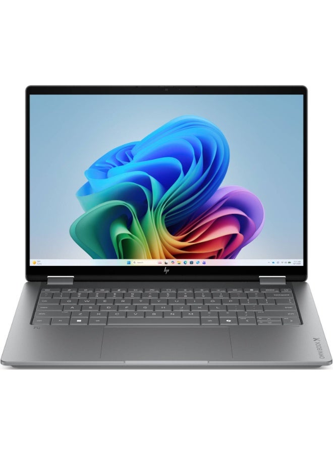 HP OmniBook X Flip 14-kb0023dx 2-in-1 Laptop, 14" 2K OLED Touchscreen, Intel Core Ultra 7 355, 16GB RAM, 1TB SSD, Intel Graphics, English-Arabic Backlit Keyboard, Windows 11 Home, Meteor Silver Meteor Silver - Image 1