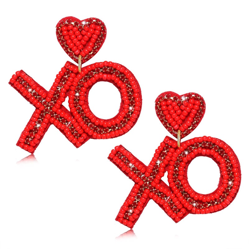 ARATLENCH Heart Earrings for Women Hypoallergenic Beaded Statement Dangle Earrings Boho Handmade Red Love Heart Bead Drop Dangling Earrings Valentineâ€™s Day Earrings Jewelry Gift (Hear XO Earrings) - Image 1