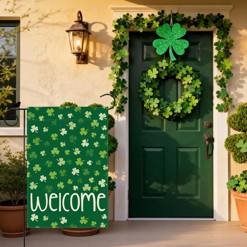 ZAEW Welcome St. Patrick's Day Green Shamrocks Clovers Garden Flag Yard Flag 12x18 Inch Double Sided Small Mini Yard Outdoor Outside Holiday Decoration - Image 2