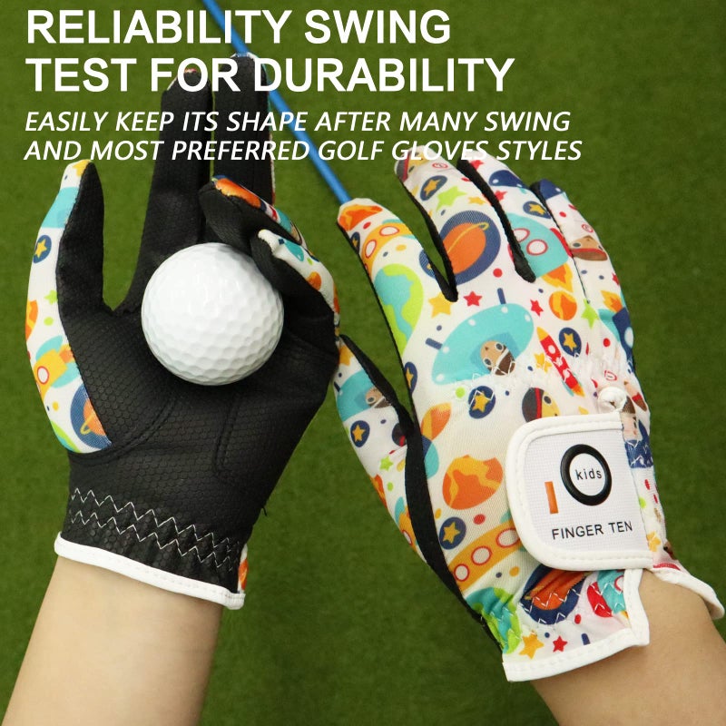FINGER TEN Golf Gloves for Kids Boys Girls Both Left Right Hand Value 1 Pair, Toddler Junior Youth Golf Glove White Green Black (White&Black, X-Large) - Image 3