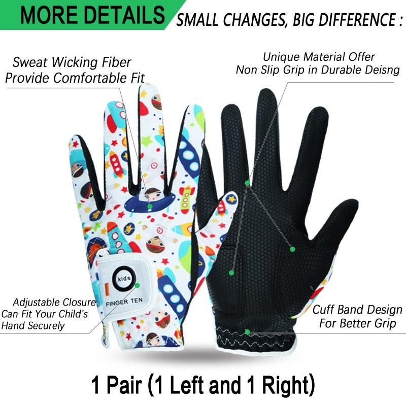 FINGER TEN Golf Gloves for Kids Boys Girls Both Left Right Hand Value 1 Pair, Toddler Junior Youth Golf Glove White Green Black (White&Black, X-Large) - Image 2