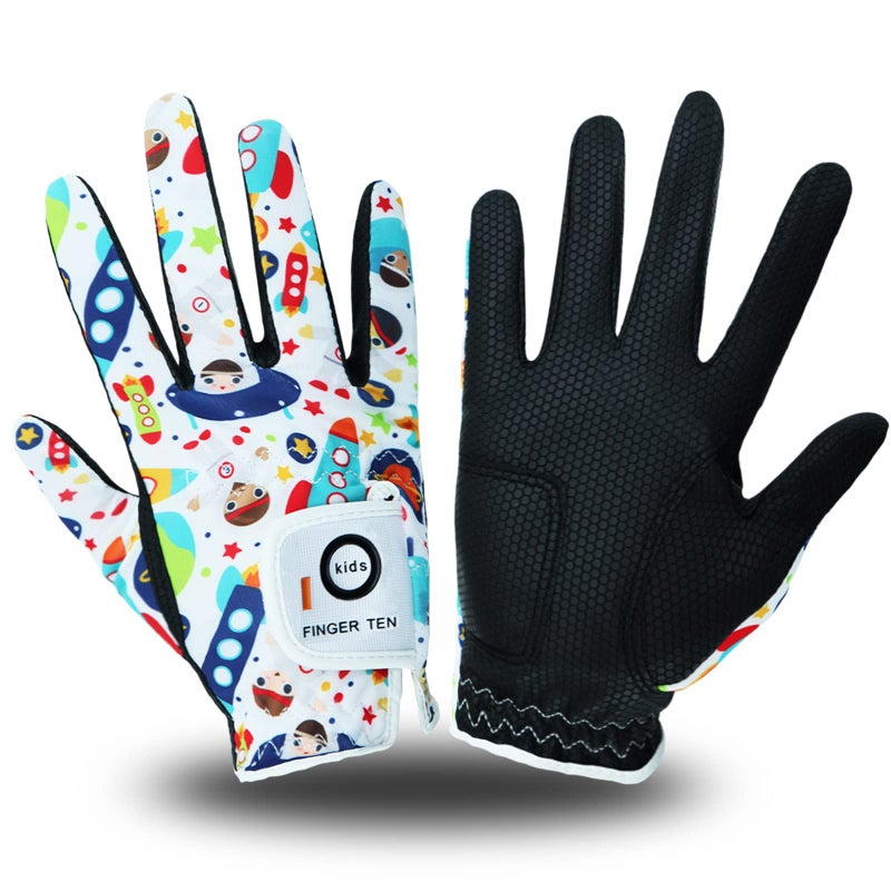 FINGER TEN Golf Gloves for Kids Boys Girls Both Left Right Hand Value 1 Pair, Toddler Junior Youth Golf Glove White Green Black (White&Black, X-Large) - Image 1
