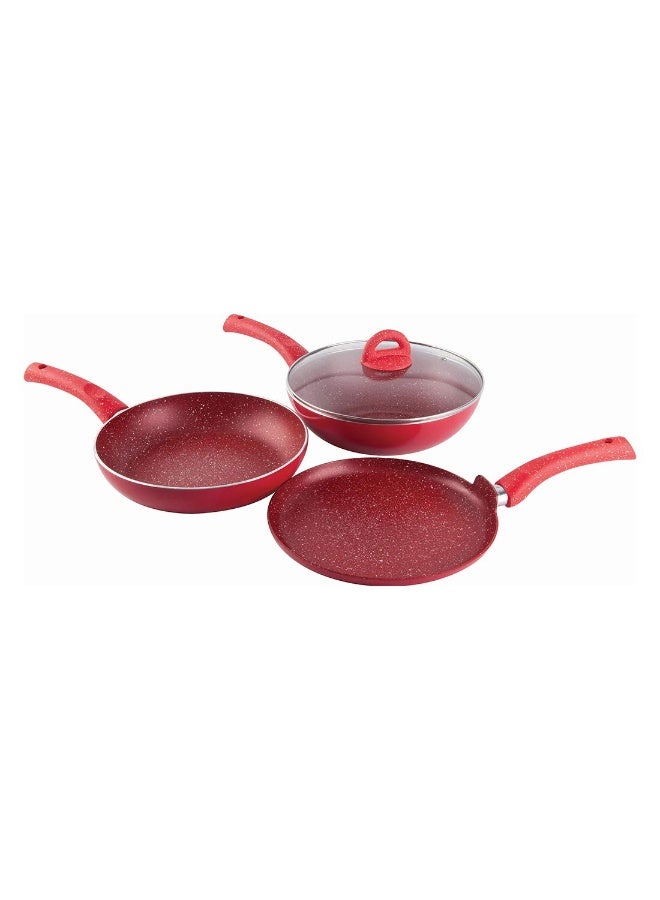 Wonderchef Granite 3 Pc Non-Stick Cookware Set for Kitchen, Fry Pan 26cm, Wok with Lid 26cm, Dosa Tawa 26cm, Non-Toxic PFOA Free, Low-Oil Cooking, Gas Stove & Induction Friendly, 2-Yr Warranty, Red - Image 1
