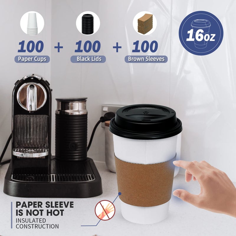 Ginkgo [100 Pack 16 oz Disposable Coffee Cups with Lids and Sleeves - To Go Coffee Cups for Hot Drinks, Chocolate, Cocoa and Coffee Bar - Image 4
