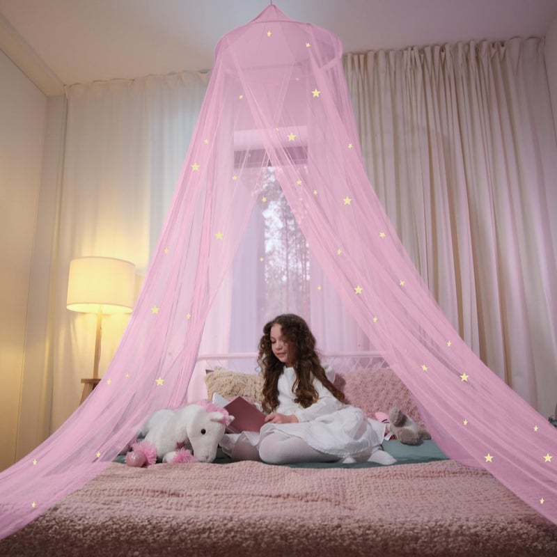 Pink Bed Canopy for Girls with Glowing Stars  Canopy Bed Curtains  Fits Single Twin Full Queen Size Kids Bed Princess Netting Room Decor Ceiling Tent to Cover Toddler Canopy for Bed