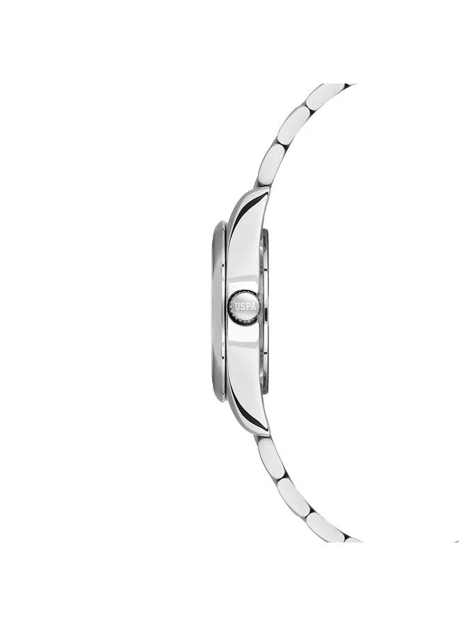 يو اس بولو اسن ساعة نسائية بعقارب وسوار فضي من الستانلس ستيل وميناء وردي  ملم