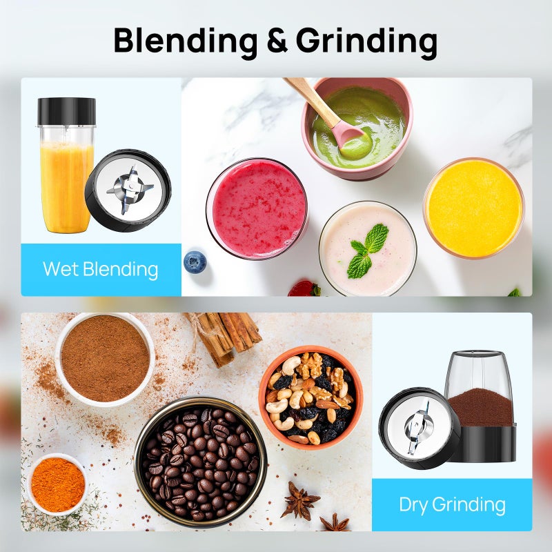 Consciot CB08 16-Piece Blender & Grinder Combo for Kitchen and Personal Size, Blend Shakes and Smoothies, Frozen Drinks, Baby Food, Spreads & More, 4 BPA-Free Portable To-Go Cups, 900 Peak Watts - Image 4