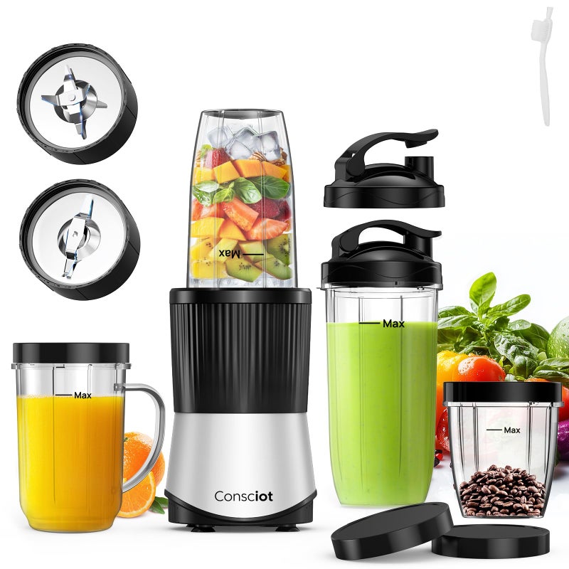 Consciot CB08 16-Piece Blender & Grinder Combo for Kitchen and Personal Size, Blend Shakes and Smoothies, Frozen Drinks, Baby Food, Spreads & More, 4 BPA-Free Portable To-Go Cups, 900 Peak Watts - Image 1