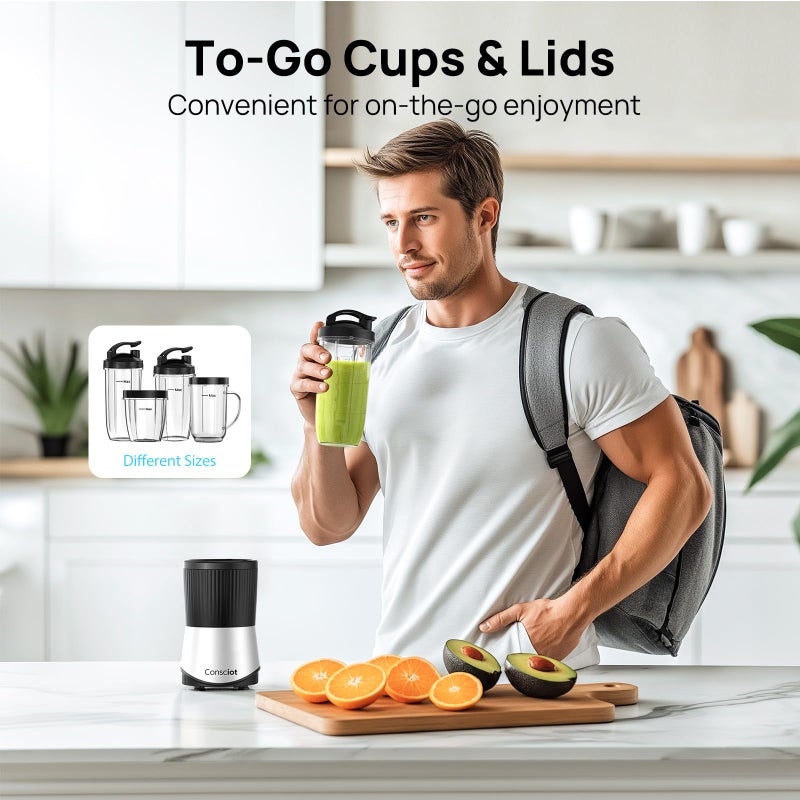 Consciot CB08 16-Piece Blender & Grinder Combo for Kitchen and Personal Size, Blend Shakes and Smoothies, Frozen Drinks, Baby Food, Spreads & More, 4 BPA-Free Portable To-Go Cups, 900 Peak Watts - Image 5