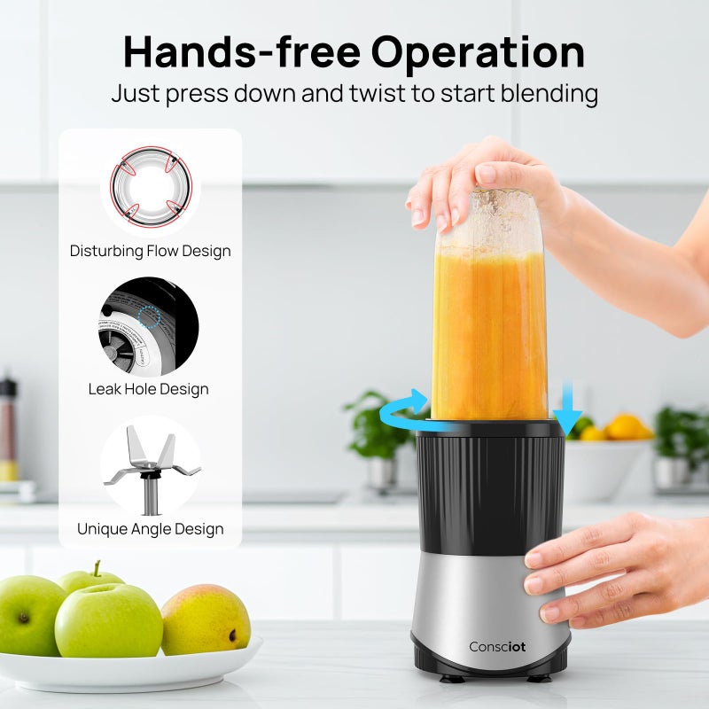 Consciot CB08 16-Piece Blender & Grinder Combo for Kitchen and Personal Size, Blend Shakes and Smoothies, Frozen Drinks, Baby Food, Spreads & More, 4 BPA-Free Portable To-Go Cups, 900 Peak Watts - Image 3