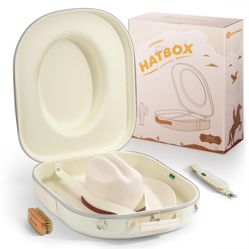 BRANTMAKER Cowboy Hat Box, Cowboy Hat Case for Travel, Crush Proof Storage for Western/Panama/Fedora, Carrier with Adjustable Shoulder Strap & Brush - Image 1