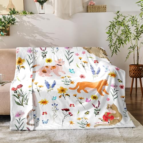 Jameswish Floral Throw Blanket Birthday Gift for Women Mom Girls Kids Cat Lover Cat Flower Blanket Summer Wildflower Flannel Blanket Watercolor Printed Throw for Couch Sofa Bed Chair 50x60 - Image 3