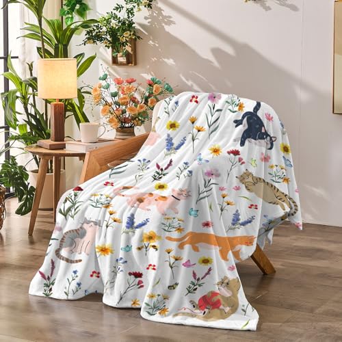 Jameswish Floral Throw Blanket Birthday Gift for Women Mom Girls Kids Cat Lover Cat Flower Blanket Summer Wildflower Flannel Blanket Watercolor Printed Throw for Couch Sofa Bed Chair 50x60 - Image 1