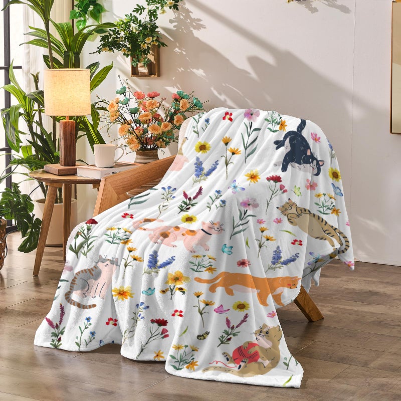 Jameswish Floral Throw Blanket Birthday Gift for Women Mom Girls Kids Cat Lover Cat Flower Blanket Summer Wildflower Flannel Blanket Watercolor Printed Throw for Couch Sofa Bed Chair 50x60 - Image 2