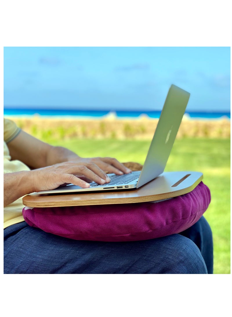 Mazajy Home Lazylap – Fushia Fabric Cushioned Lap Desk with Beech Wood Top – Fits Laptops up to 17” – Tablet/Phone Slot – Portable Design - Image 1