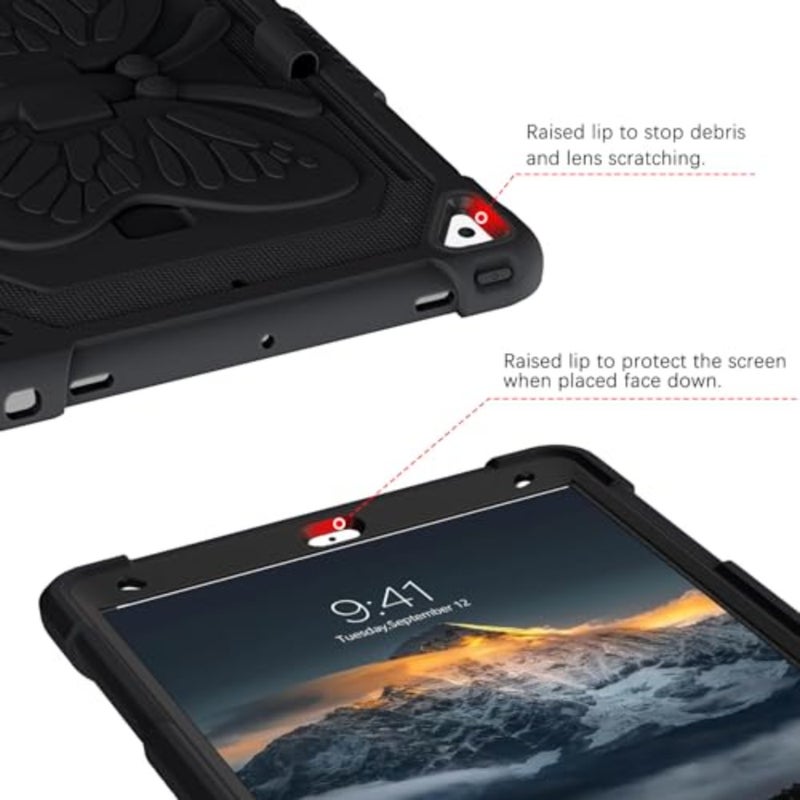 حافظة واقية لجهاز iPad 9th/8th/7th Gen 10.2 بوصة 2021/2020/2019، غطاء أسود مقاوم للصدمات مع حامل قلم رصاص ومسند فراشة، مثالي للأطفال والفتيات والنساء - Image 5