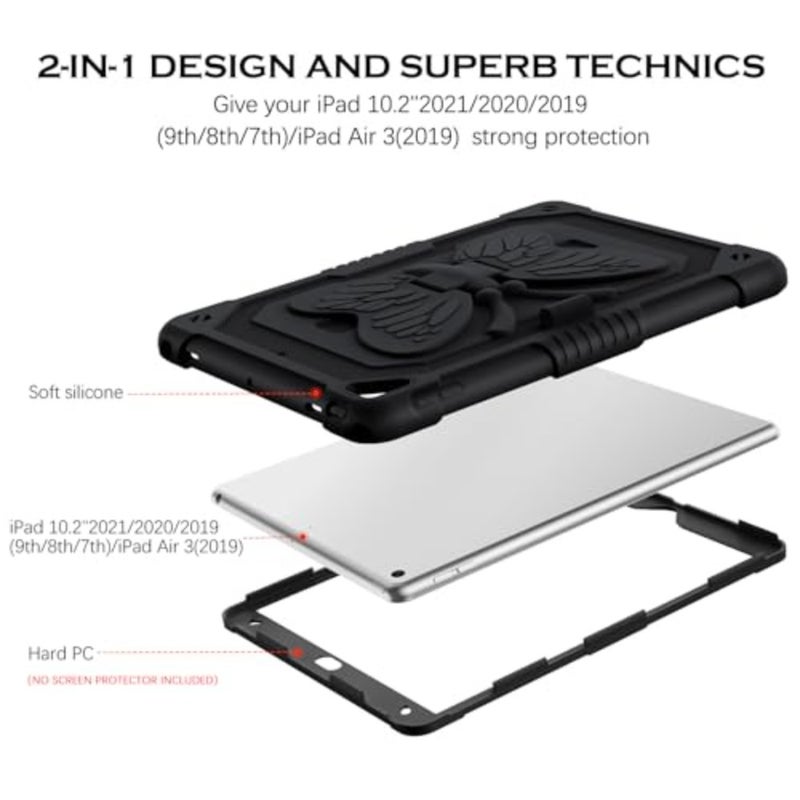 حافظة واقية لجهاز iPad 9th/8th/7th Gen 10.2 بوصة 2021/2020/2019، غطاء أسود مقاوم للصدمات مع حامل قلم رصاص ومسند فراشة، مثالي للأطفال والفتيات والنساء - Image 3