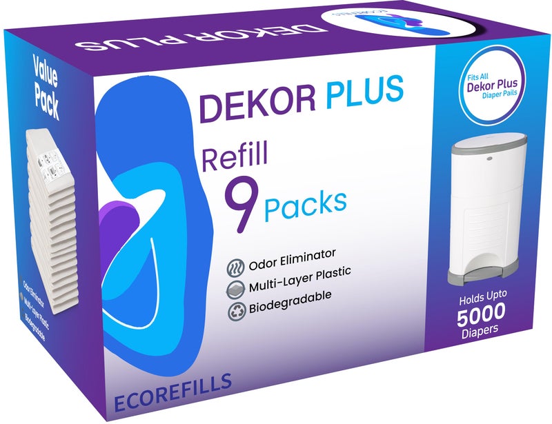 ECOREFILLS ECO-REFILLS Diaper Pail Refills - Fits Dekor PLUS Extra Thick, Powerful Odor Elimination & Fresh Powder Scent | Easy to Replace and Dispose of Diaper Bag 9 Count (Pack of 1) - Image 1