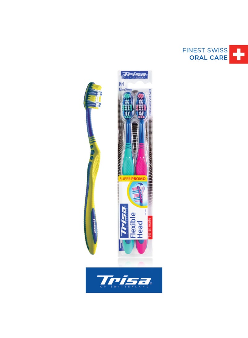 Trisa Flexible Head Medium Adult Toothbrush with Ergonomic Handle and Integrated Tongue Cleaner - Assorted Colors - Image 1