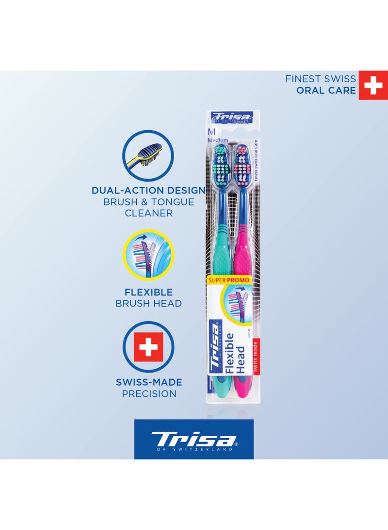 Trisa Flexible Head Medium Adult Toothbrush with Ergonomic Handle and Integrated Tongue Cleaner - Assorted Colors - Image 2