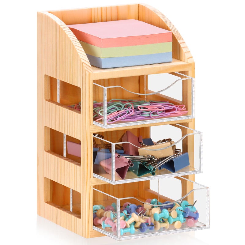MSHUNKEJI 3 Drawer Desktop Accessory Storage Drawers Clear Desktop Organizer with Drawers Small Desk Organizer with Drawer Paper Clip and Binder Holder Wood Acrylic Sticky Note Holder 4.53"L x 4.1"W x 7.7"H - Image 1