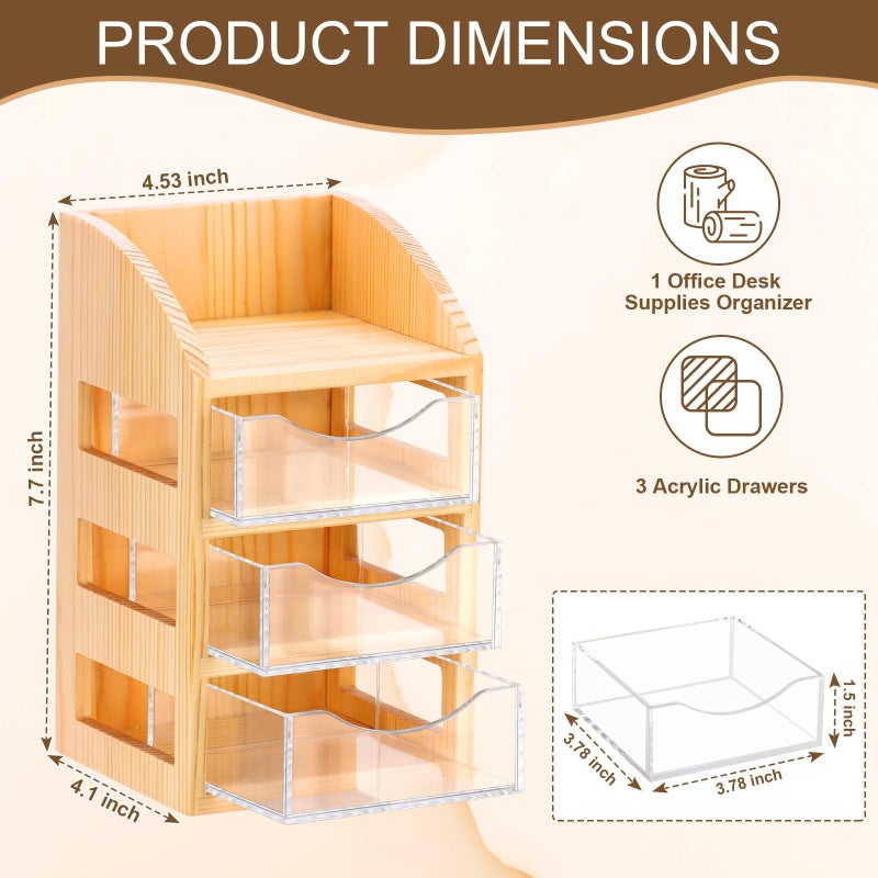MSHUNKEJI 3 Drawer Desktop Accessory Storage Drawers Clear Desktop Organizer with Drawers Small Desk Organizer with Drawer Paper Clip and Binder Holder Wood Acrylic Sticky Note Holder 4.53"L x 4.1"W x 7.7"H - Image 2