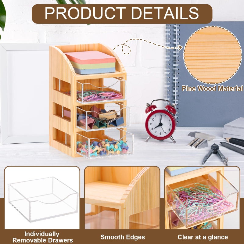 MSHUNKEJI 3 Drawer Desktop Accessory Storage Drawers Clear Desktop Organizer with Drawers Small Desk Organizer with Drawer Paper Clip and Binder Holder Wood Acrylic Sticky Note Holder 4.53"L x 4.1"W x 7.7"H - Image 3