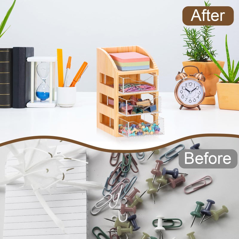 MSHUNKEJI 3 Drawer Desktop Accessory Storage Drawers Clear Desktop Organizer with Drawers Small Desk Organizer with Drawer Paper Clip and Binder Holder Wood Acrylic Sticky Note Holder 4.53"L x 4.1"W x 7.7"H - Image 5