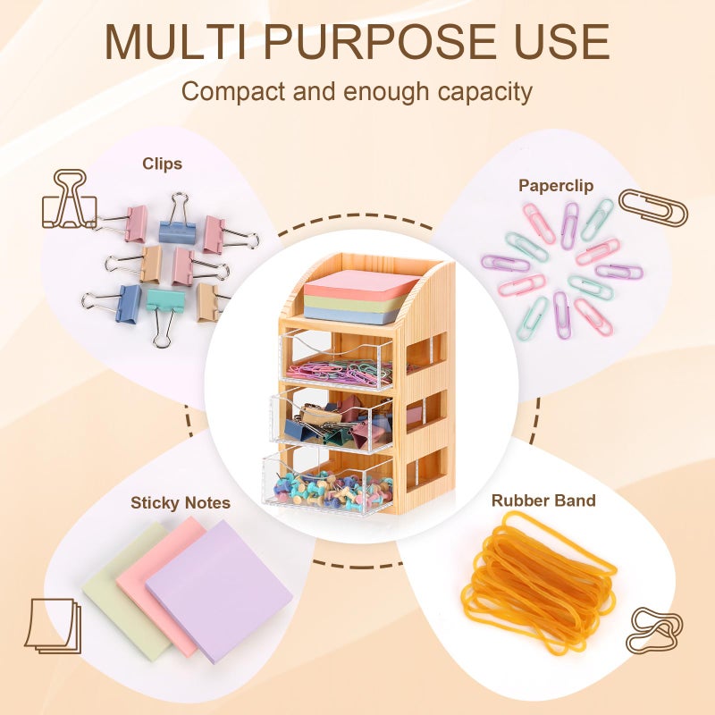 MSHUNKEJI 3 Drawer Desktop Accessory Storage Drawers Clear Desktop Organizer with Drawers Small Desk Organizer with Drawer Paper Clip and Binder Holder Wood Acrylic Sticky Note Holder 4.53"L x 4.1"W x 7.7"H - Image 4